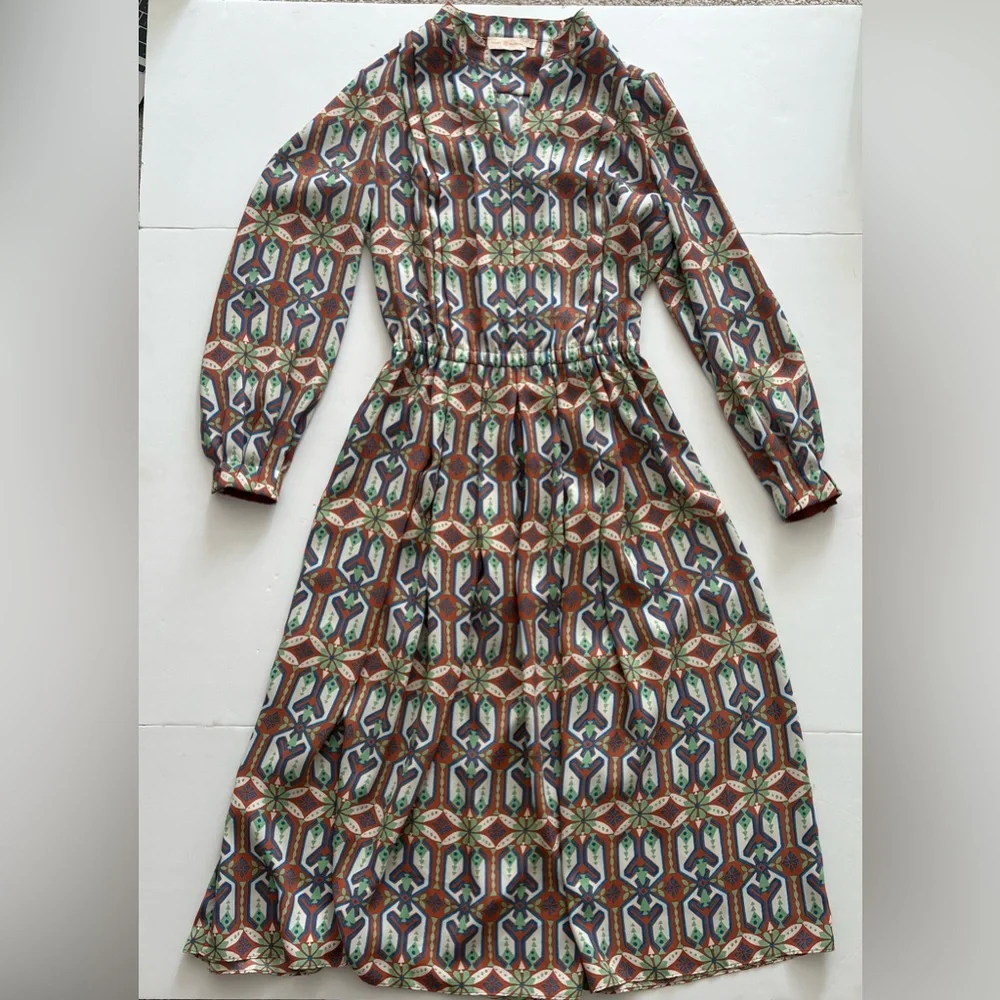 Tory Burch Garden Maze Printed Pleated Midi Dress Size 2 - Picture 3 of 8